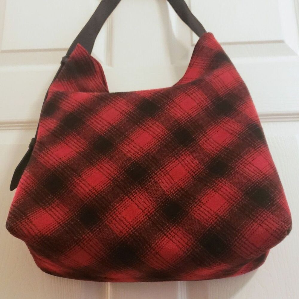 j. jill Hobo Bag Red & Black Buffalo Plaid Wool Blend Leather Strap - Picture 4 of 8